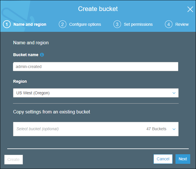 
          Name and region page in the Create bucket wizard.
        